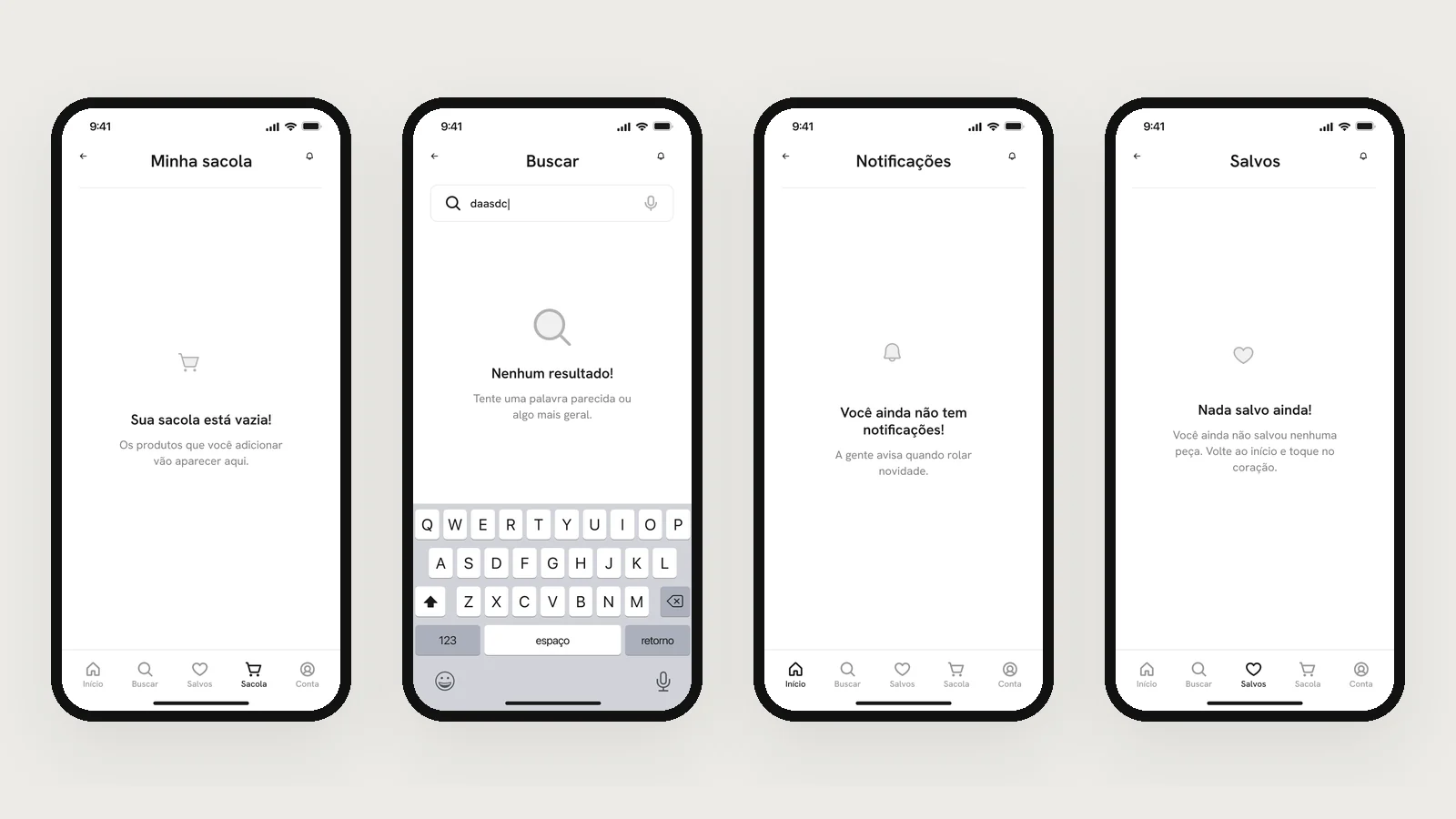 Empty bag, search, notifications and saved items
