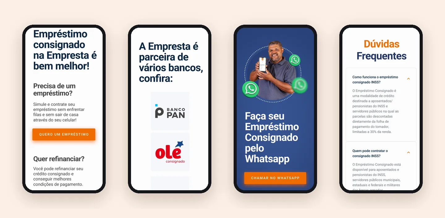 Products, partner banks, WhatsApp call to action and FAQ