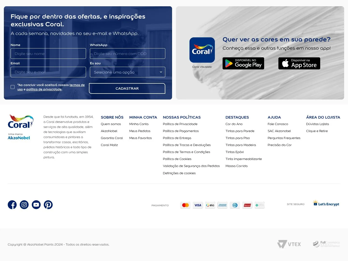 Newsletter, app e rodapé