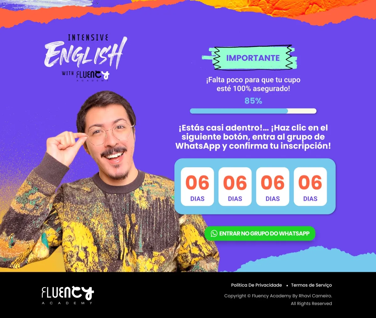 Landing page 'Intensive English': contador de vagas, barra de progresso e CTA direto pro WhatsApp.