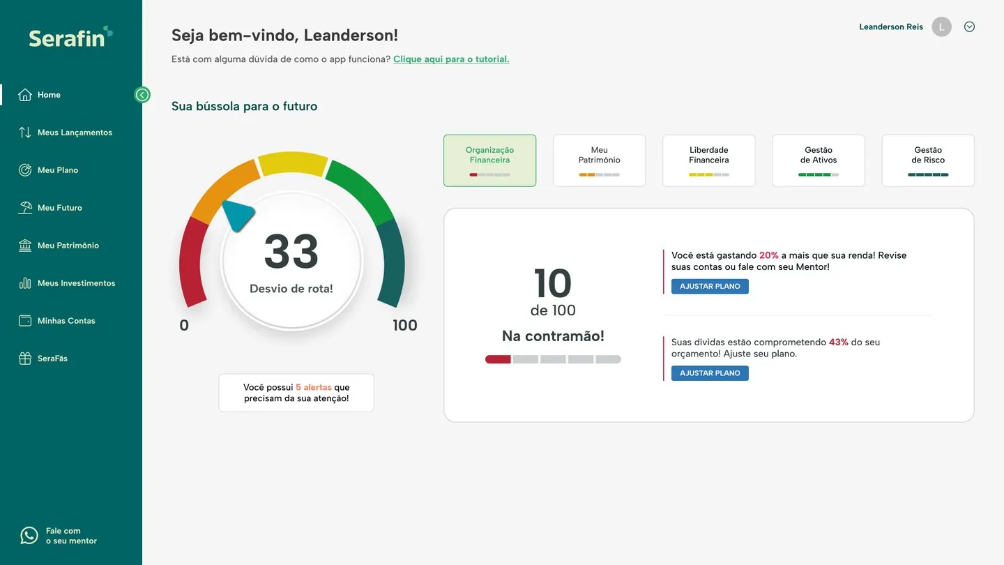 Home: bússola com a nota de 0 a 100 e os alertas do mês