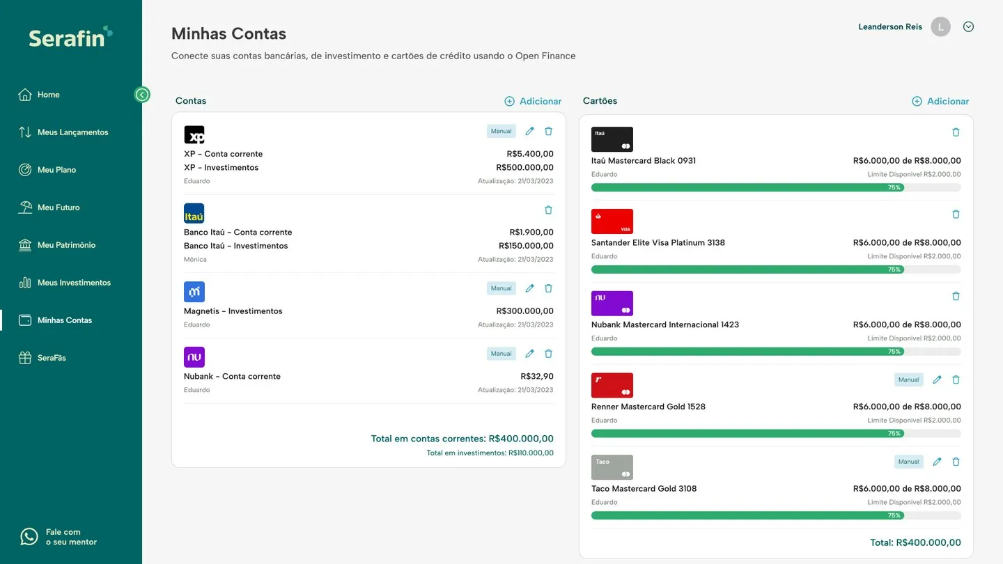 Minhas contas: contas e cartões conectados pelo Open Finance