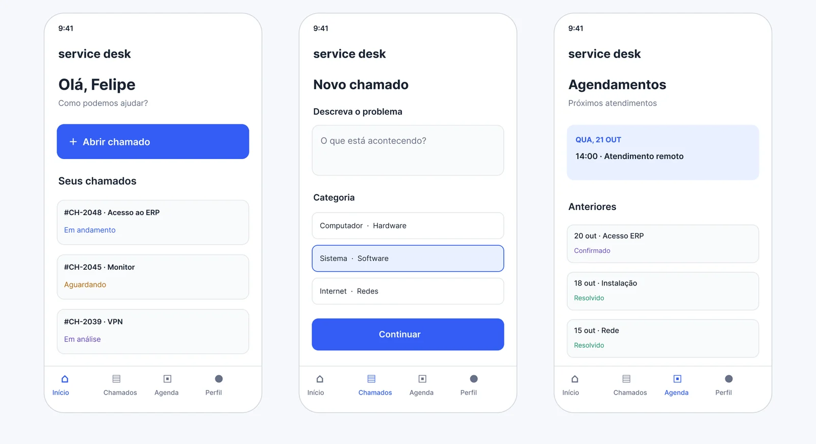 Início, novo chamado e agendamentos