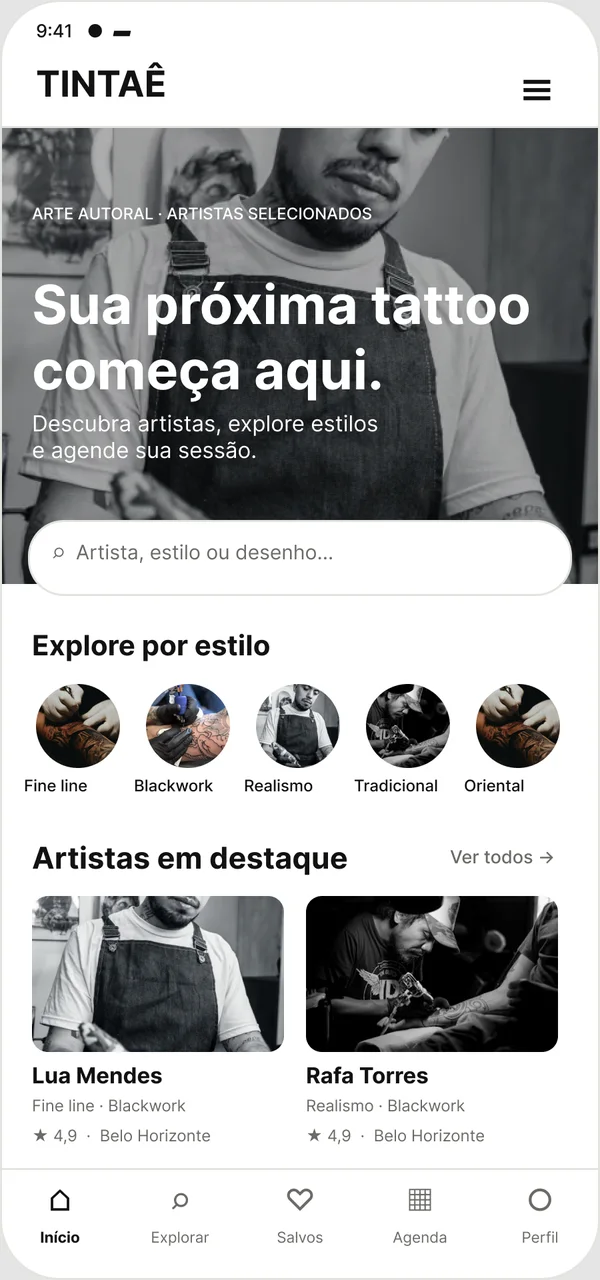 Início: busca, estilos e artistas em destaque